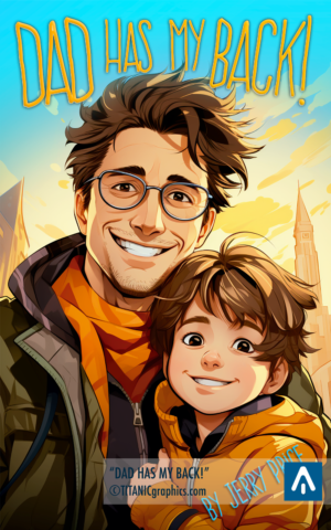 Dad has my back! Cover for a childrens book in the style of hand drawn line-art freaturing caucasian dad and son.